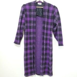 St. John for Neiman Marcus Plaid Purple Wool Knit Long Cardigan Coat Sz 10 VTG